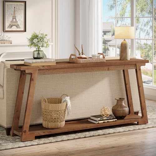 Solid Wood Console Table, 63-Inch Long Couch Table Behind Sofa with 2-Tier Storage, Narrow Entryway Accent Furniture for Living Room, Hallway, Entrance, Foyer (Natural)
