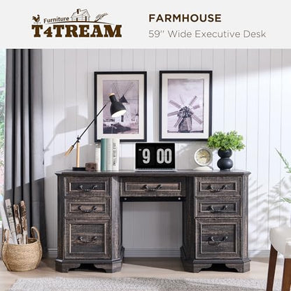 59" Farmhouse Executive Desk with Drawers, Wood Home Office Computer Desk, view 4