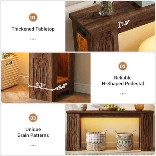 63" Console Table with Outlet, Farmhouse Entryway Table with Colorful LED Lights, Wooden Sofa Table with Unique Carved Design, Foyer Accent Table for Entrance, Hallway, Living Room