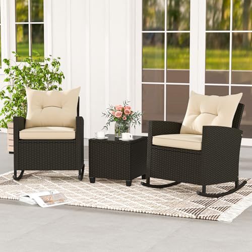 3 Piece Patio Furniture Rocking Bistro Set, Wicker Outdoor Rocking Chairs & Glass Table, PE Rattan Conversation Set for Porch, Balcony, Deck, Poolside (Mix Brown- Beige)