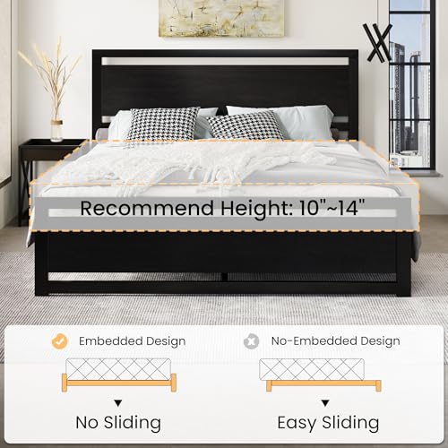 Heavy Duty King Size Bed Frame with Modern Headboard, Black, view 6