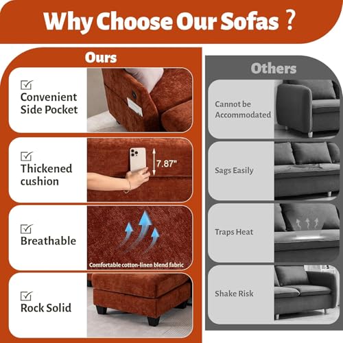 124" Modular Sectional Sofa, Modern Chenille U-Shaped 8 Seater Sectional Sofa with Storage Ottoman & USB Ports, L-Shaped Cloud Couch Orange Sectional Couch for Living Room(Orange)