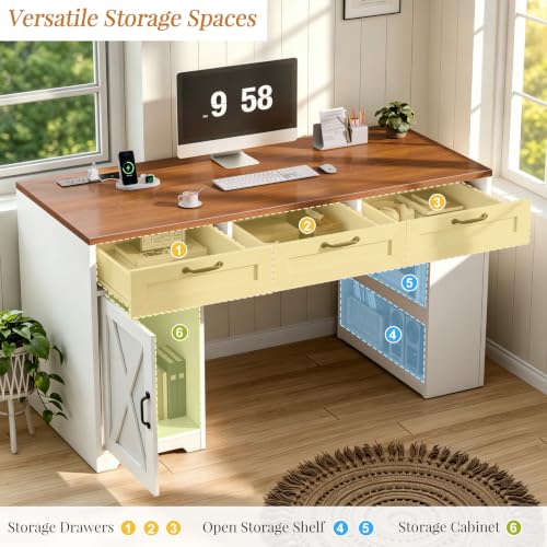 55" Farmhouse Desk with Charging Station & Drawers, Walnut White, view 5