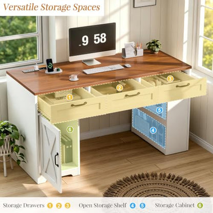55" Farmhouse Desk with Charging Station & Drawers, Walnut White, view 5