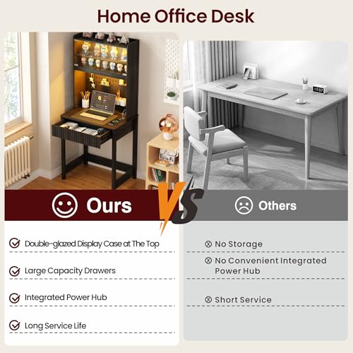 Small Study Desk - 25.6" Computer Desk with 3 Color LED and Charging Station, LED Home Office Desks with Storage Cabinet and Outlet, Writing Desks for Bedroom, Studyroom,Black