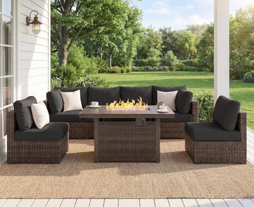 7 Piece Outdoor Patio Furniture Set with 42" Fire Pit, Wicker Furniture Sectional Conversation Sofa Set with Comfortable Cushions, Black