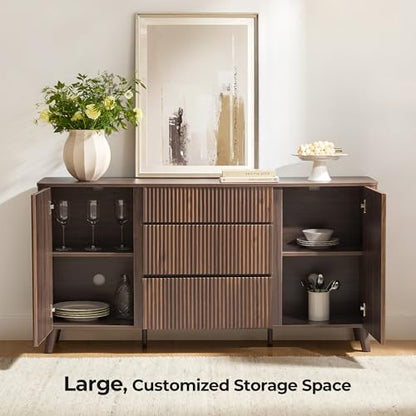 CHITA 62" Fluted Sideboard Buffet Cabinet with 3 Drawers, Walnut, view 4