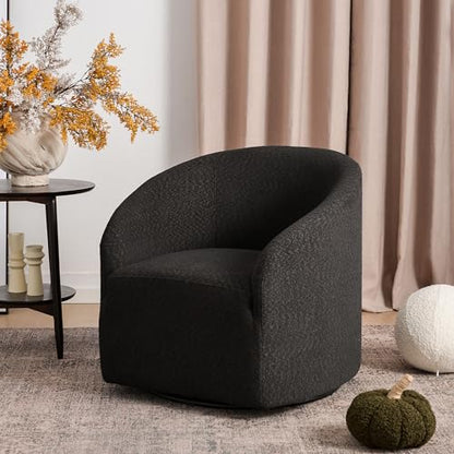 32" Wide Modern Boucle Swivel Barrel Chair, No Assembly Round Upholstered Swivel Accent Armchair for Living Room, Bedroom, Office (Black)