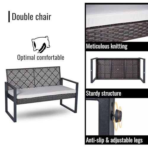 4PC Outdoor Patio Wicker Furniture Chat Conversation Set with Acacia Wood Table Top Backyard Porch Lawn
