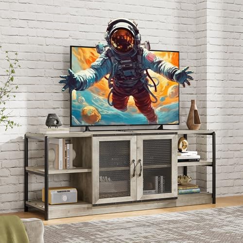 TV Stand for 65+ Inch TV, Industrial Entertainment Center TV Media Console Table, Farmhouse TV Stand with Storage, Mesh Door and Shelves, Gray TV Console Cabinet Furniture for Living Room