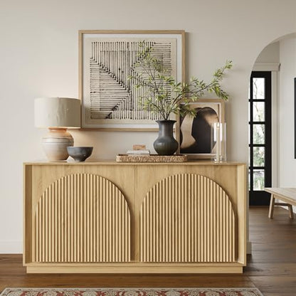 Fluted Sideboard Buffet Cabinet with Storage, 65" Modern Accent Cabinet with Double-Layered Arch Doors, Wood Boho Media TV Console Table Credenza for Living Dining Room Hallway Entryway, Oak