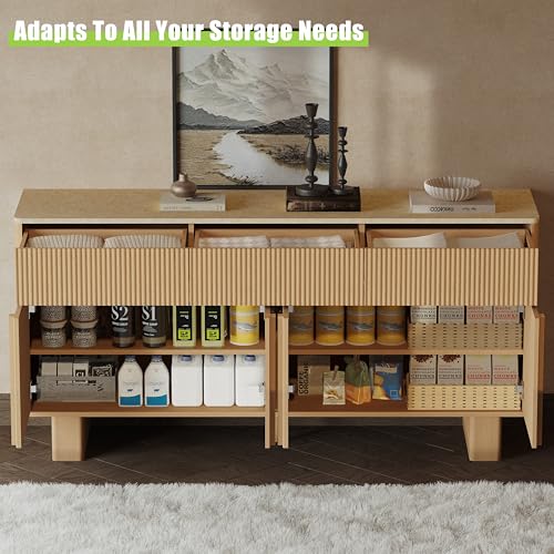 63" Wide Sideboard Buffet Cabinet with Storage, Modern Buffet with 3 Drawers and 4 Doors, Storage Cabinet with 2 Reinforced Legs for Kitchen, Living Room, Light Oak