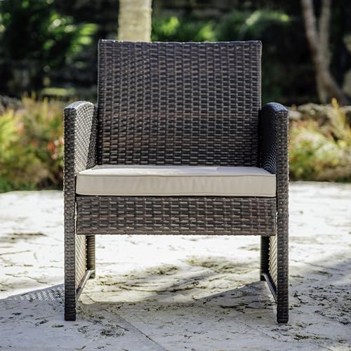 Wicker Patio Furniture Set - 3 Piece Bistro Table and Chairs Set of 2, Front Porch Furniture Set, Patio Chairs Set of 2, Outdoor Patio Set, Patio Conversation Sets (Brown/Beige)