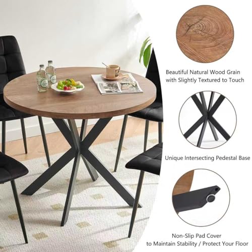 37-Inch Round Kitchen Dining Room Table Set for 4, Modern Mid-Century Brown Dining Table with Black Velvet Chairs Set, Small Dining Set for Restaurant/Dining Hall