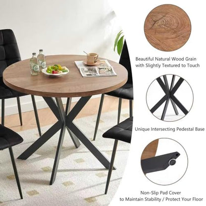 37-Inch Round Kitchen Dining Room Table Set for 4, Modern Mid-Century Brown Dining Table with Black Velvet Chairs Set, Small Dining Set for Restaurant/Dining Hall