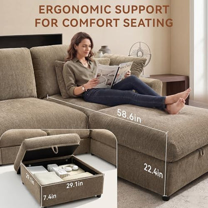 Cloud Sectional Couches for Living Room, 110" Large Modular Sectional Sofa with Wide Deep Seat, L Shaped Couch with Throw Pillow and Storage Ottoman, Brown