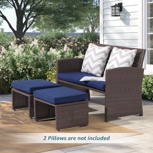 Outdoor Loveseat 3 Piece Patio Furniture Set Outdoor Conversation Set All-Weather Wicker Love Seat with Ottoman/Side Table, Brown Rattan, Blue