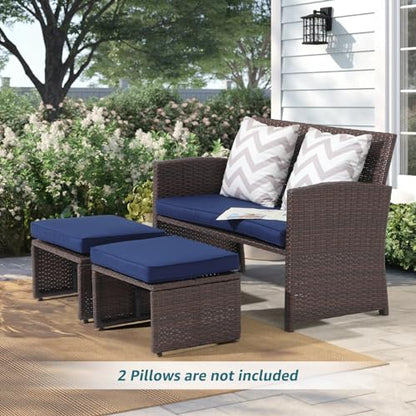 Outdoor Loveseat 3 Piece Patio Furniture Set Outdoor Conversation Set All-Weather Wicker Love Seat with Ottoman/Side Table, Brown Rattan, Blue