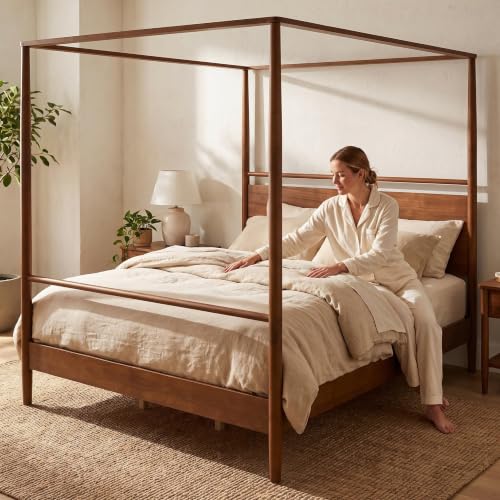 Queen Size Wood Canopy Bed Frame, Walnut Vintage Four-Posters Frames, view 5