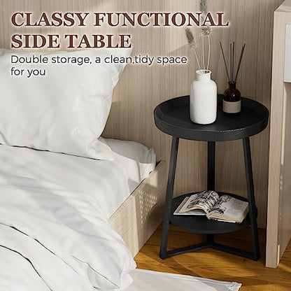Round End Table with Storage Shelf, 2 Tier Farmhouse Side Table Nightstand for Living Room, Bedroom, Wood Tabletop & Black Metal Frame, Black 15.7 * 15.7 * 23.0inches