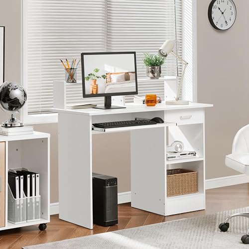 Computer Desk with Keyboard Tray, Drawers, and Shelves, White, view 3