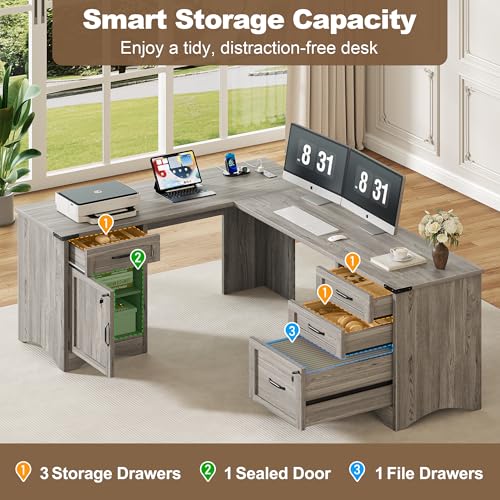 67" L-Shaped Standing Desk, File Cabinet & Charging Station, Grey, view 4