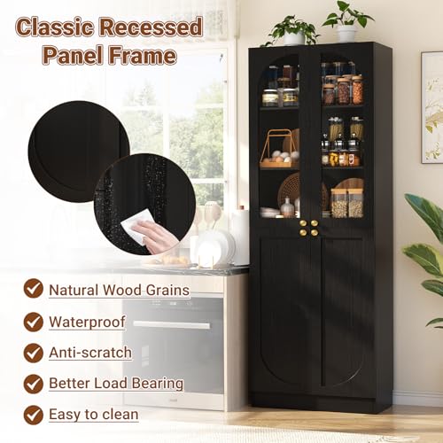 80" Kitchen Pantry, Tall Arch Storage Cabinet with Tempered Glass & Soft Close Doors, Freestanding Wood Floor Cupboard Bookcase with Seamless Fit Wall for Dining Room, Living Room, Bathroom