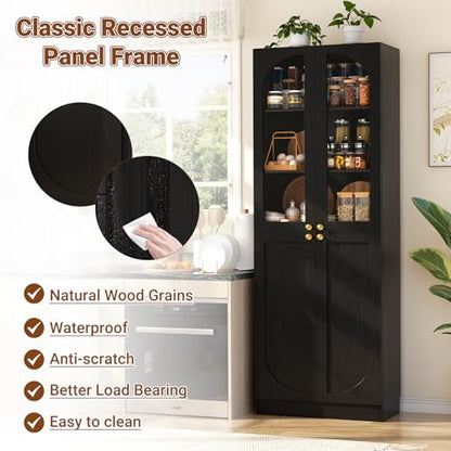 80" Kitchen Pantry, Tall Arch Storage Cabinet with Tempered Glass & Soft Close Doors, Freestanding Wood Floor Cupboard Bookcase with Seamless Fit Wall for Dining Room, Living Room, Bathroom