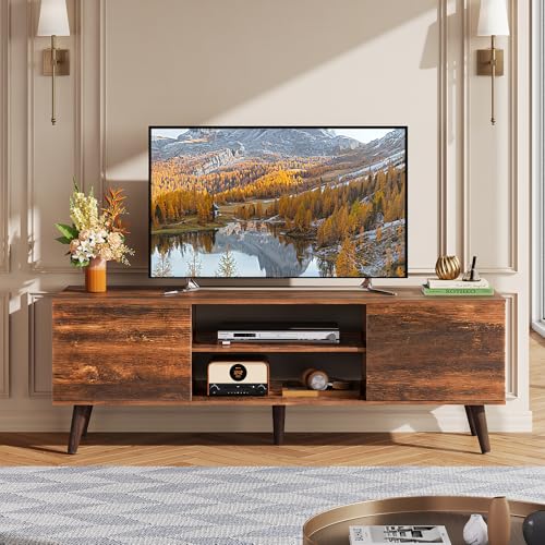 TV Stand for 55 60 Inch TV, mid Century Modern Entertainment Center with 2 Cabinets Storage & Adjustable Shelf, Media Console Table for Living Room, Bedroom, Media Furniture, Retro Brown