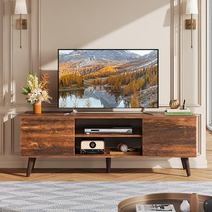TV Stand for 55 60 Inch TV, mid Century Modern Entertainment Center with 2 Cabinets Storage & Adjustable Shelf, Media Console Table for Living Room, Bedroom, Media Furniture, Retro Brown