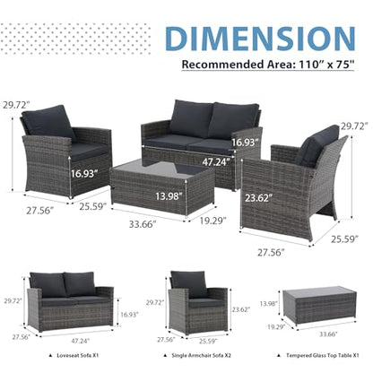 4 Piece Outdoor Patio Furniture Set, All-Weather Wicker Patio Conversation Set, PE Rattan Sofa Set with Loveseat Chair and Tempered Glass Coffee Table, Dark Gray