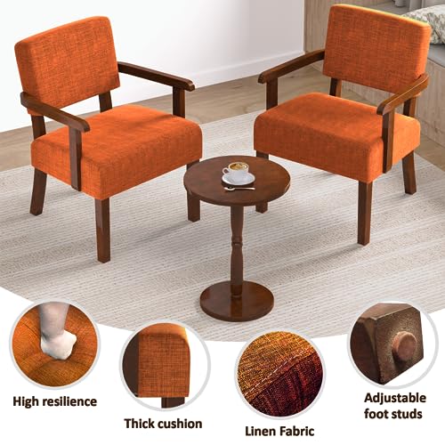 Accent Chair Set of 2 with Table, Upholstered Living Room Chairs with Wood Frame, Modern Oversized Reading Armchair for Bedroom Waiting Room (Orange)