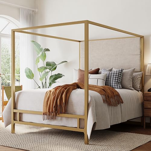 King Canopy Bed with Tall Linen Headboard, Metal Frame, Gold & Tan, view 4