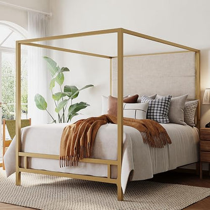 King Canopy Bed with Tall Linen Headboard, Metal Frame, Gold & Tan, view 4