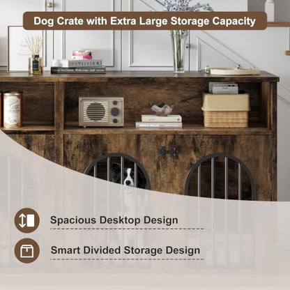78.7" Double Dog Crate Furniture, Dog Kennel with Storage, Brown, view 5