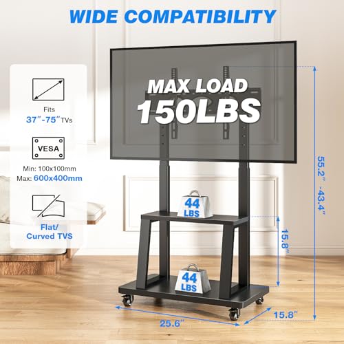 Mobile TV Cart Rolling TV Stand for 37-75 inch TVs Up to 150lbs, Heavy-Duty Portable TV Stand on Wheels with 2-Tier Wooden Storage Shelves, Height Adjustable, Max VESA 600x400mm, Black