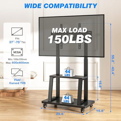 Mobile TV Cart Rolling TV Stand for 37-75 inch TVs Up to 150lbs, Heavy-Duty Portable TV Stand on Wheels with 2-Tier Wooden Storage Shelves, Height Adjustable, Max VESA 600x400mm, Black