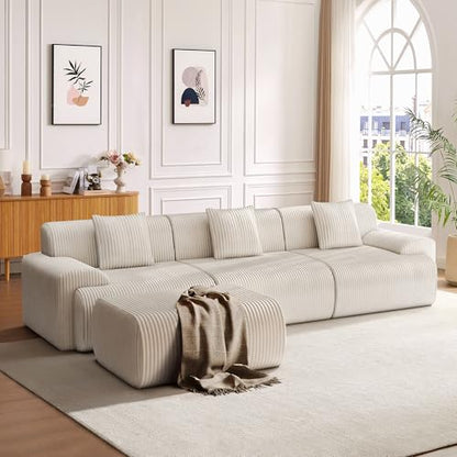 118" Modern L Shaped Modular Sectional Sofa, Boneless Cloud Couch with Ottoman, Oversized Corduroy Couch Deep Seat, 30D Sponge for Indoor Living Room, No Assembly Required(Beige)