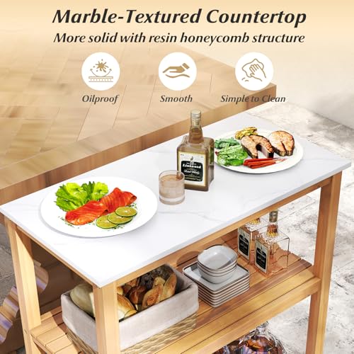 Patio Wooden Sideboard, 3-Tier Acacia Outdoor Kitchen Buffet Organizer w/Marble-Like Countertop & 2 Slatted Shelves, Garden Potting Bench Table & Plant Stand for Backyard, Garden, Deck