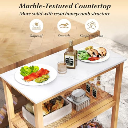 Patio Wooden Sideboard, 3-Tier Acacia Outdoor Kitchen Buffet Organizer w/Marble-Like Countertop & 2 Slatted Shelves, Garden Potting Bench Table & Plant Stand for Backyard, Garden, Deck