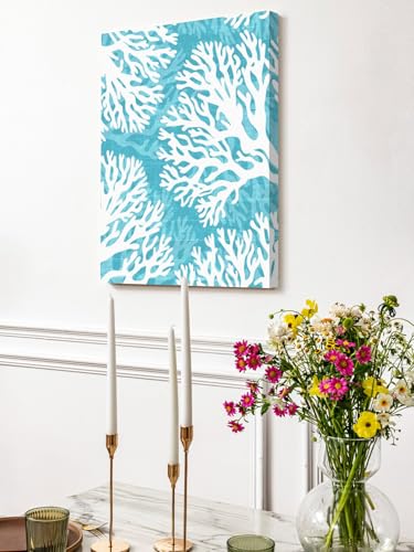 NuYeBiofx Summer Ocean Life White Coral Canvas Wall Art Prints,40"x28" Framed Picture Artwork Marine Theme on Light Blue Printed Canvas Oil Painting for Living Room Bedroom Office,Ready to Hang