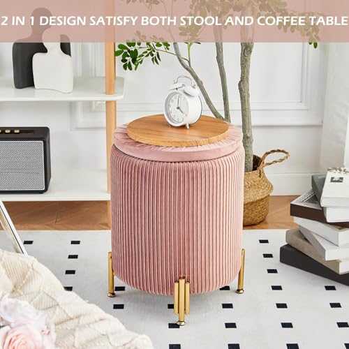 Round Ottoman Foot Stool with Storage and Metal Legs for Living Room Bedroom, Velvet Upholstered Footrest Stool Support 300lbs Modern Padded Seat Ottoman Coffee Table (Dusty Rose)