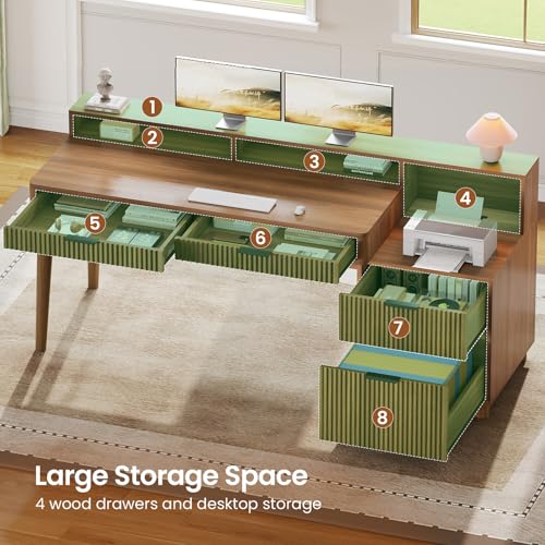 Modern Office Desk with 4 Drawers, 59" Fluted Gaming Computer Desk with Storage, view 6
