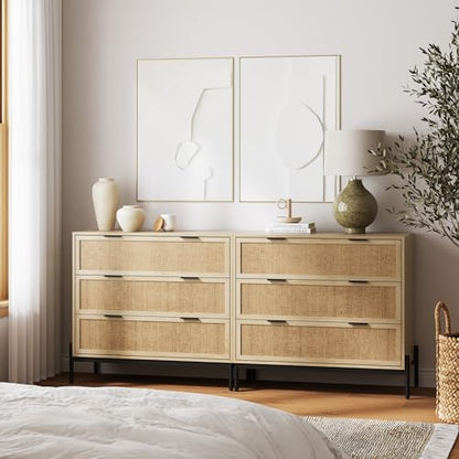Nathan James Andrew 3-Drawer Rattan Dresser or Boheminan Living Room Storage Cabinet with Natural Rattan Accent and Metal Legs, Light Oak/Black