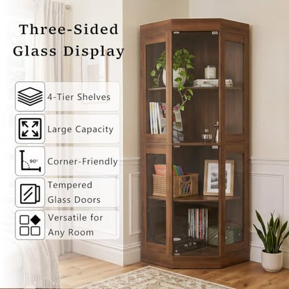 70''H Tall Corner Cabinet with Glass Doors, Walnut, view 4