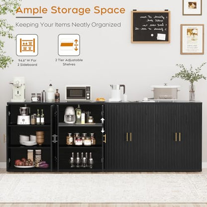 94.6" Black Fluted Sideboard Buffet Cabinet with Storage and 8 Doors, view 5