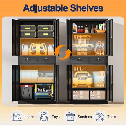 Metal Storage Cabinet, 71" Locking Storage Cabinet with Adjustable Shelves and 2 Drawers, Steel Cabinets for Office, Garage, Home, School, Utility Room(Black)