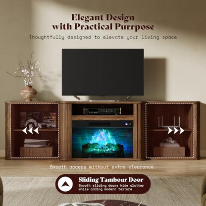 70" Fluted Electric Fireplace TV Stand, Mid Century Modern, Walnut, view 5