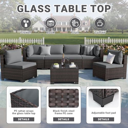 CHABATREE 7pcs Outdoor Patio Furniture Sets,Rattan Conversation Sectional Set,Manual Weaving Wicker Patio Sofa with Tea Table