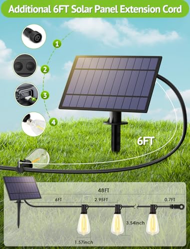 48FT Solar String Lights Outdoor with Remote, Waterproof Dimmable Patio Lights with 15+1 LED ST38 Bulbs 3 Modes Hanging Lighting for Backyard